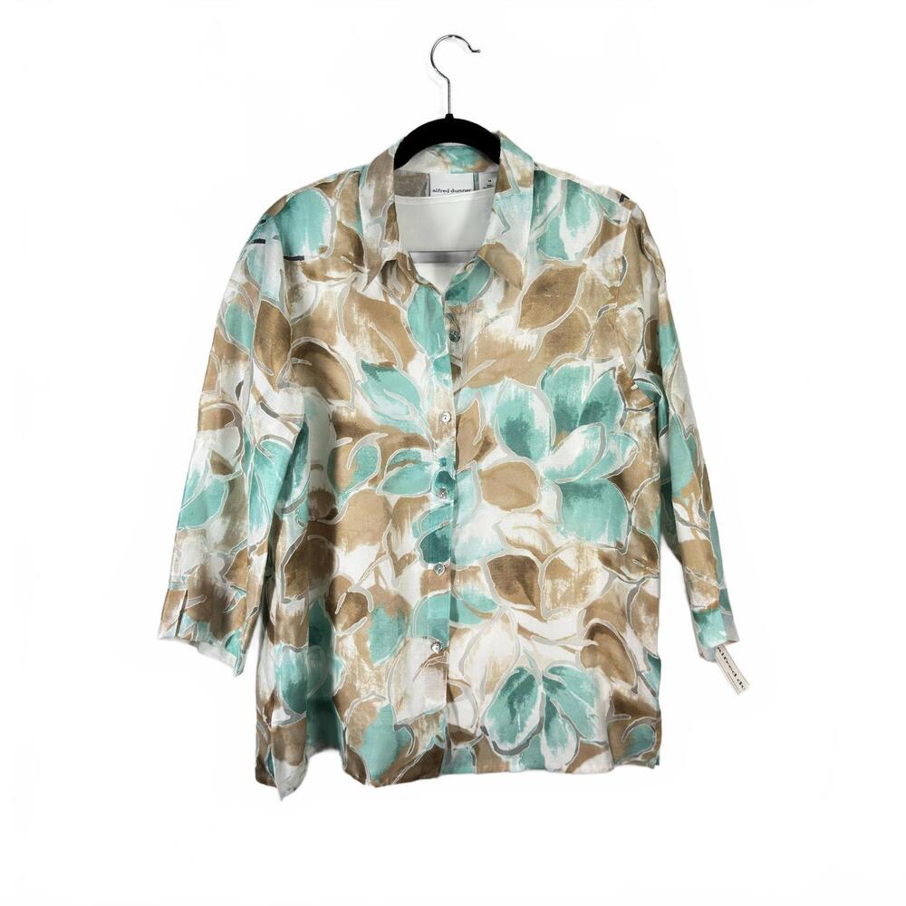 ALFRED DUNNER Blouse NEW Sz 14 Semi Sheer Floral Button Up Tank Top Green‎ Brown